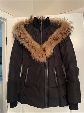 Mackage Black Puffer Coat with Tan Faux Fur Hood Trim
